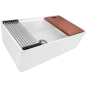 Fiore 33 in. Apron-Front Farmhouse Single Bowl Fireclay Workstation Kitchen Sink in White