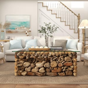46 in. Brown Medium Rectangle Wood Handmade Stacked Collage Coffee Table with Clear Glass Top