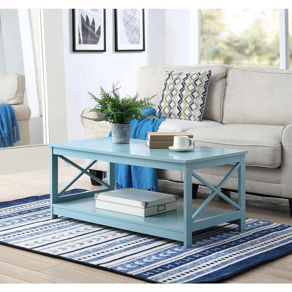 Sea Foam Blue Rectangular Wood Coffee Table with Shelf