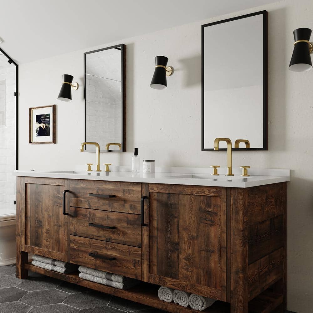 Brushed Gold Industrial Style Widespread Bathroom Faucet with Metal Drain