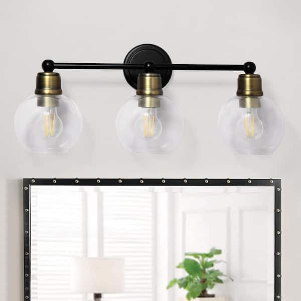 24 in. 3-Light Oil Rubbed Bronze and Black Bathroom Vanity Light Fixture with Clear Glass Globe Shades