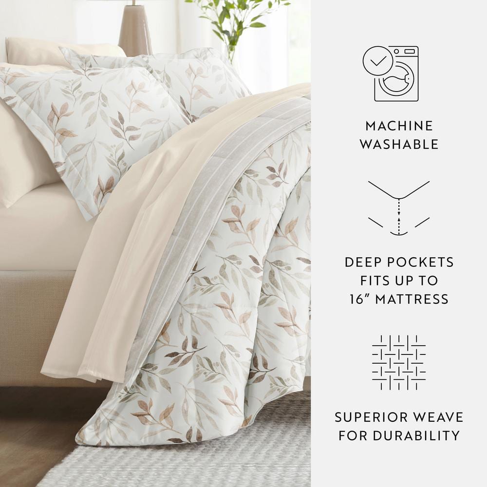 Ivory Floral Queen Microfiber Reversible Bedding Set