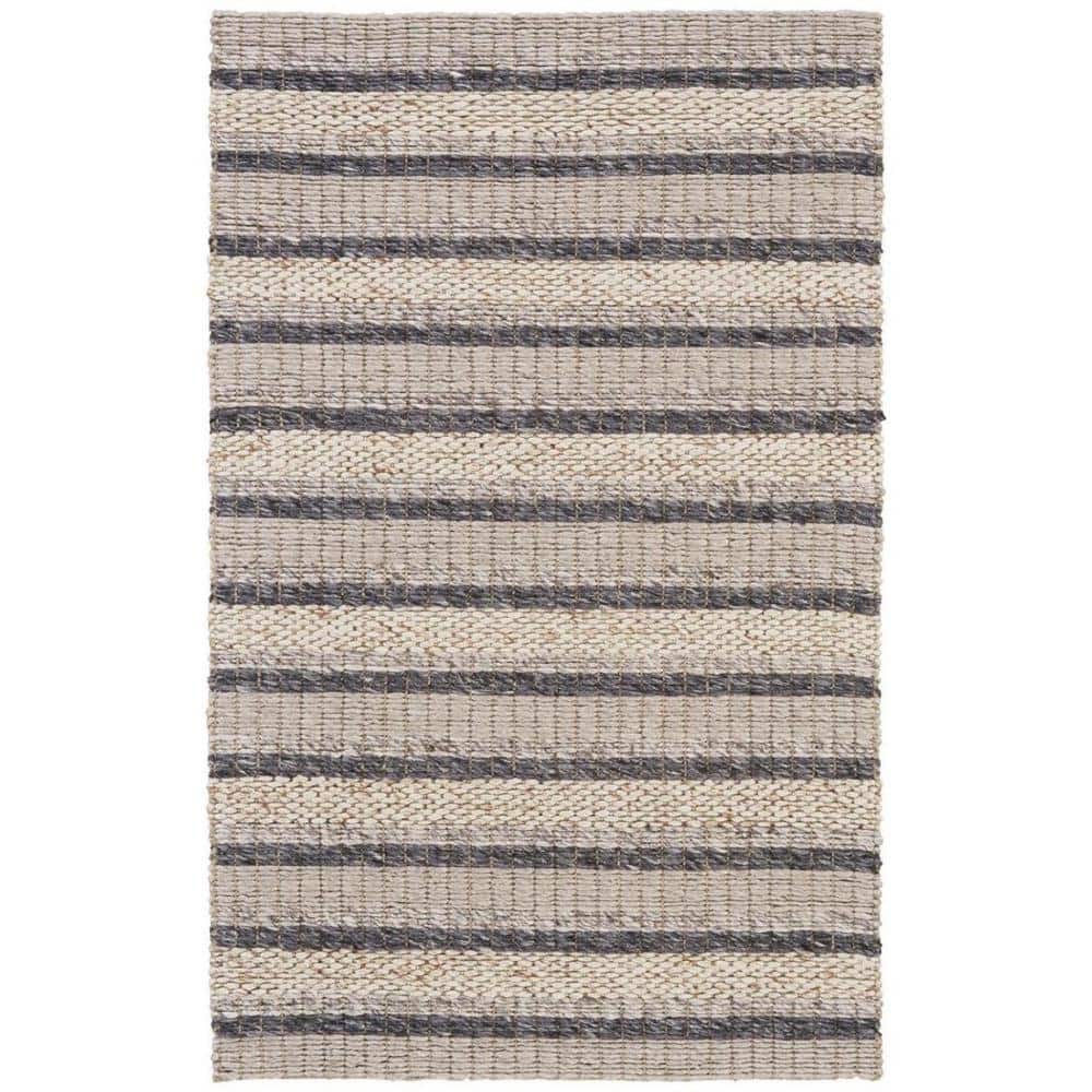 Handmade Gray and Beige Wool Striped Area Rug 3'6" x 5'6"