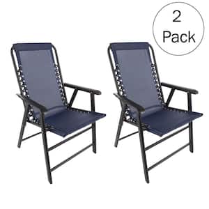 Navy Textilene Fabric and Powder-Coated Steel Folding Lawn Chairs with Bungee Suspension (Set of 2)