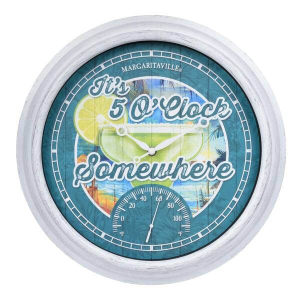 La Crosse 15.75 In. Indoor/Outdoor Multi-Colored Quartz Analog Wall Clock w/ Temp - Margaritaville "It's 5 O'Clock Somewhere"