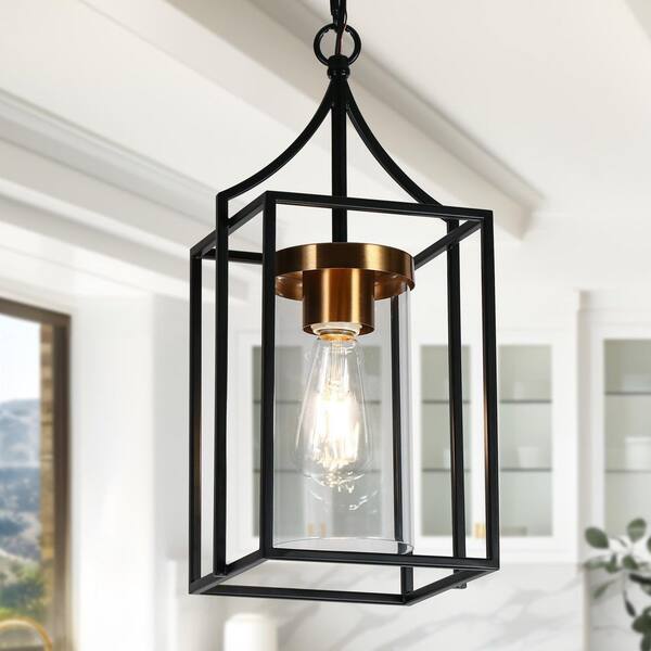LNC Modern Black Pendant Light Industrial 1-Light Cage Pendant Light with Cylinder Clear Glass Shade and Brass Accents
