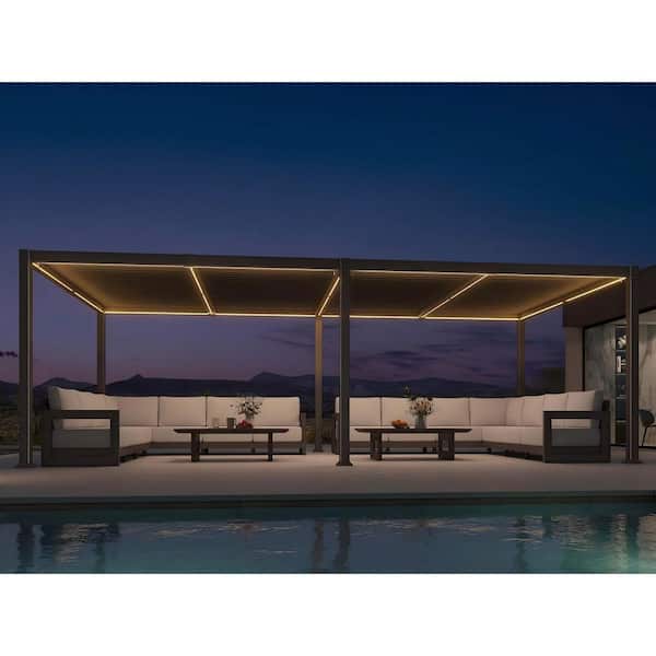 11 ft. x 23 ft. Bronze Aluminum Outdoor Louvered Pergola with Individual Adjustable Sunshade Roofs and LED Lights