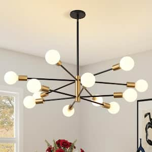 Modern Sputnik Chandelier 12-Light Black and Gold Chandeliers Mid Century Ceiling Light Fixture Height Adjustable