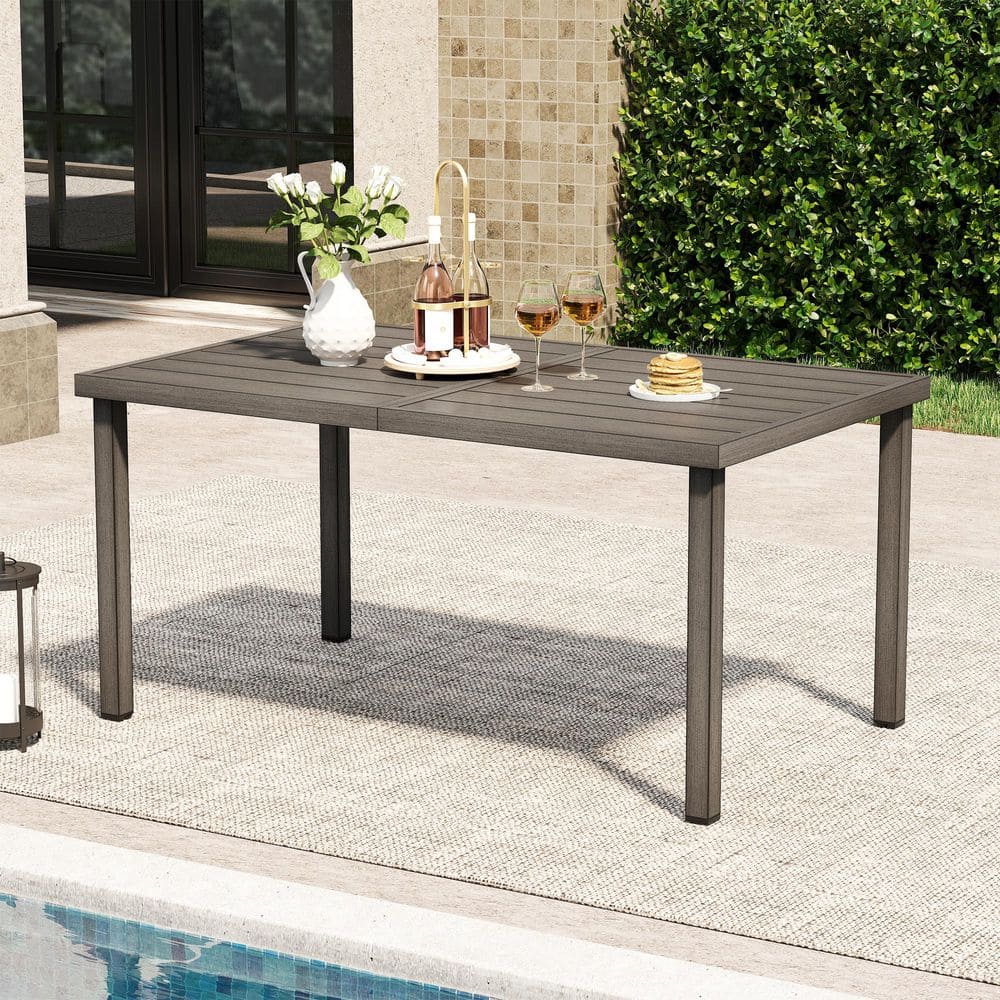 QuillManor 60 in. Rectangular Gray Aluminum Outdoor Dining Table with Umbrella Hole