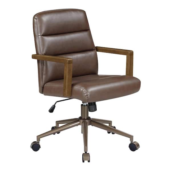 Henfield Faux Leather Upholstered Office Chair in Chocolate with Dark Wood Arms