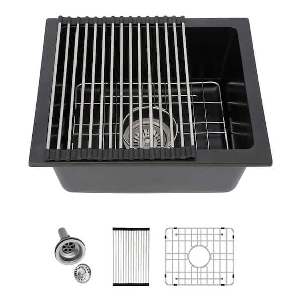 Logmey 18 in. Undermount Single Bowl Black Quartz Composite Kitchen Sink with Bottom Grids