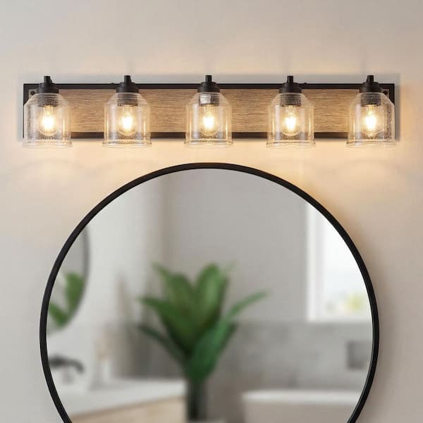 40 in. 5 Light Black and Wood Grain Finish Vanity Light Fixture Bathroom Over Mirror Wall Lights with Clear Glass Shades
