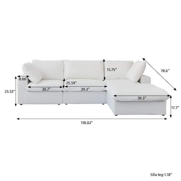 Magic Home Down Filled 118 in. Square Arm 3-Seater Linen Cloud