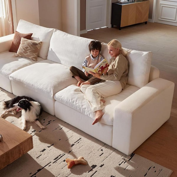 U-shaped 118 in. Square Arm Down Filled Linen 5-Piece Cloud Modular Sectional Sofa Couch in White with Removable Covers