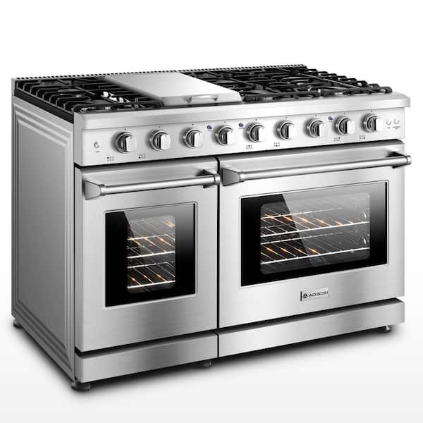 48 in. Gas Range with 7 cu. ft. Dual Oven, 6 Burners and 1 Griddle Burner in Stainless Steel, with Convection Air Fryer
