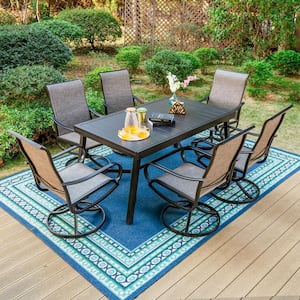 Black 7-Piece Metal Outdoor Patio Dining Set with Slat Extendable Table and Fashion Swivel Chairs with Beige Cushions