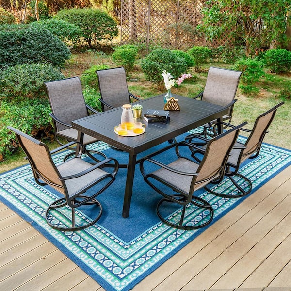 PHI VILLA Black 7-Piece Metal Outdoor Patio Dining Set with Slat Extendable Table and Fashion Swivel Chairs with Beige Cushions