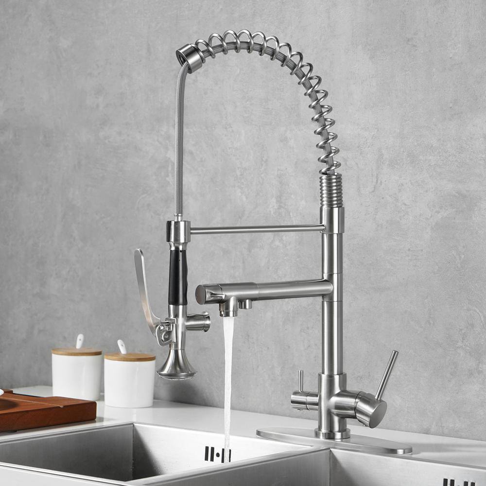 Brushed Nickel Double Handle Pull-Down Kitchen Faucet with Spray