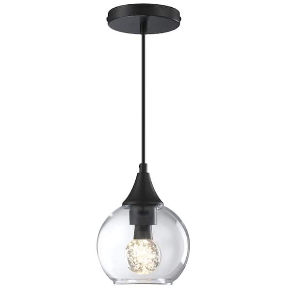 Modern 6 in. 1-Light Black Mini Pendant Light with Round Clear Glass Shade, Crystal Bulb Included