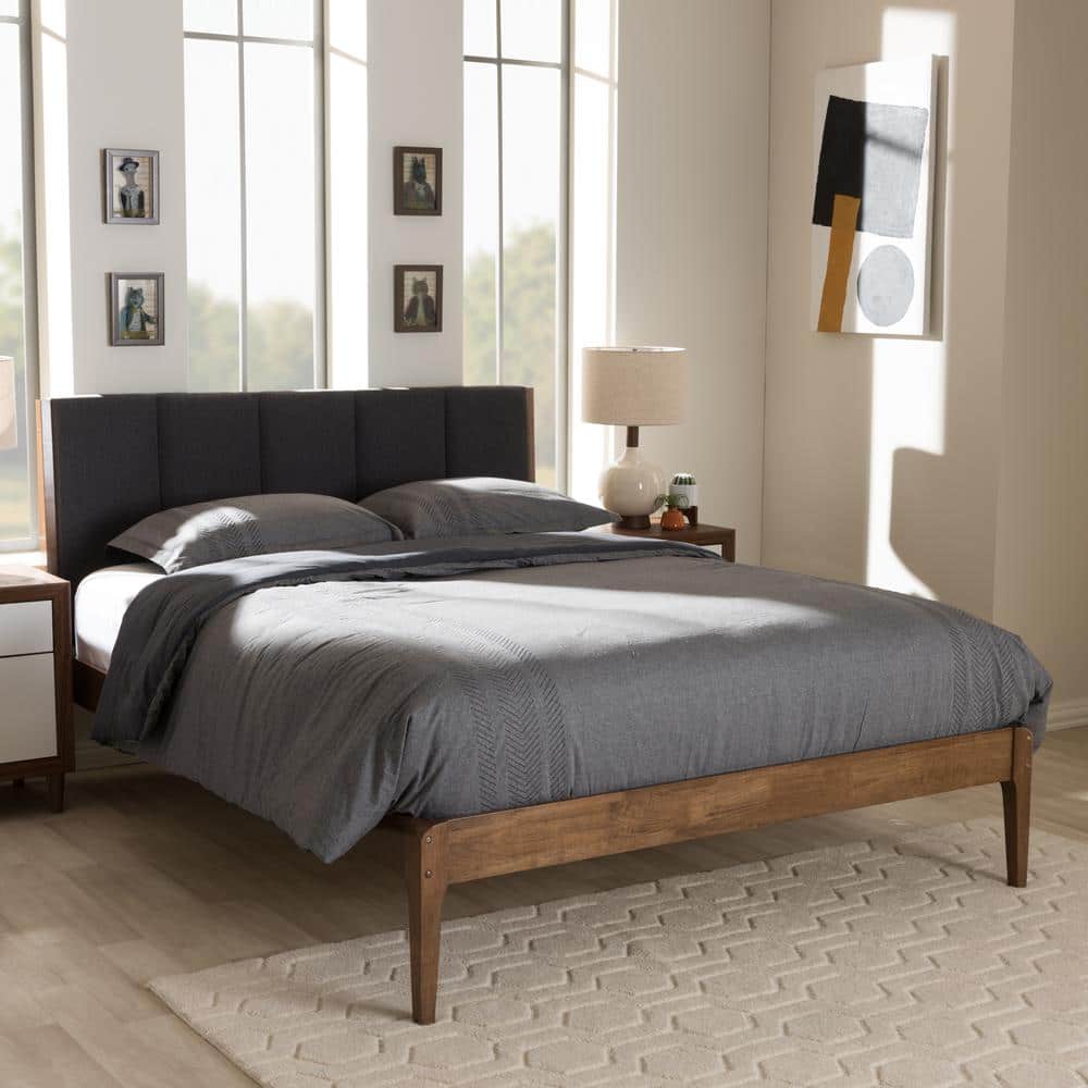 King-Size Walnut Wood Frame Upholstered Platform Bed with Tufted Headboard