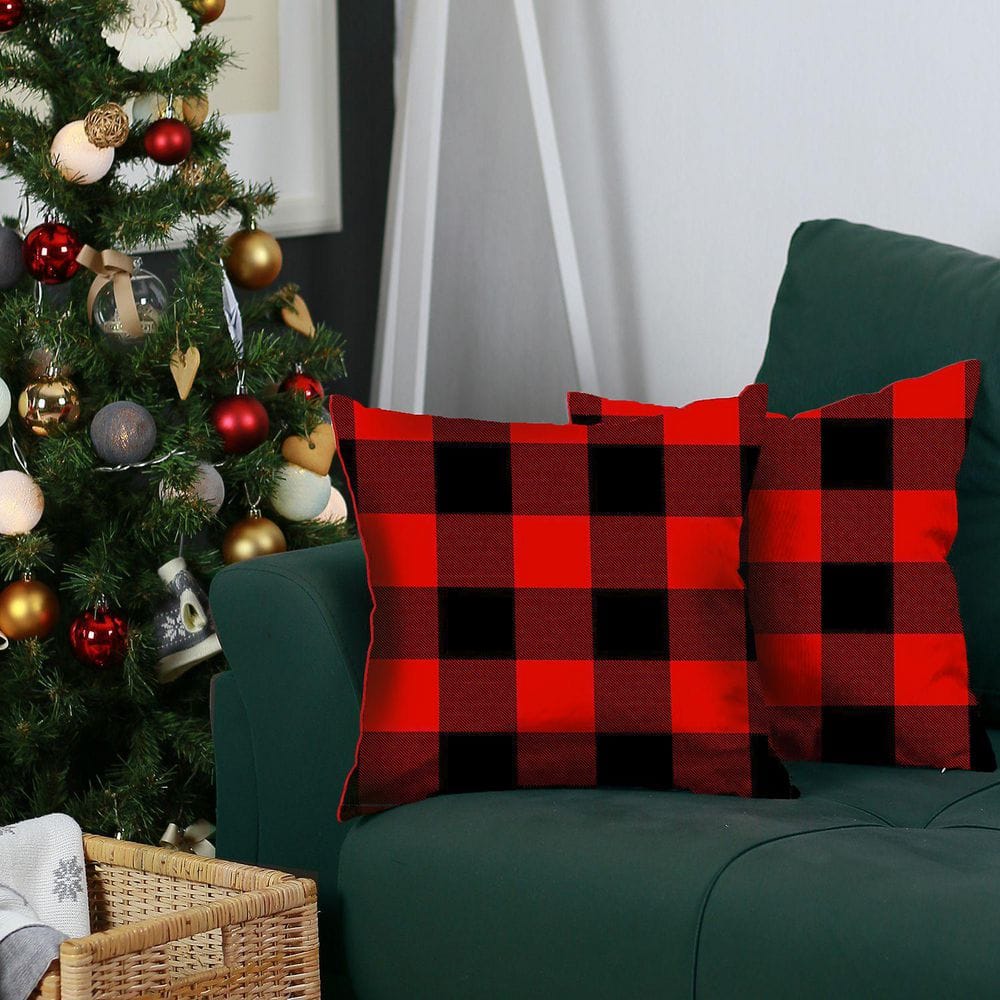 Red and Black Plaid Polyester Euro Pillow Covers, 18" x 18"