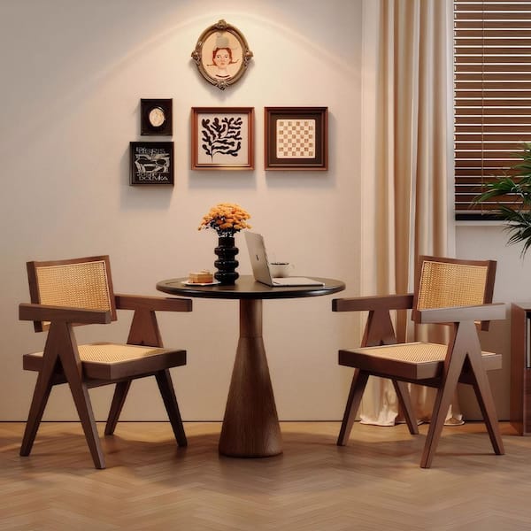 Mid Century Brown Rattan Dining Chairs Set of 2 Accent Side Chairs Comfy Armchairs Outdoor Wood Chairs with Armrest