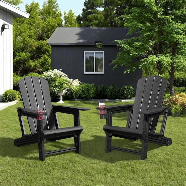 2-Piece Outdoor Plastic Adirondack Chair with Cup Holder in Black
