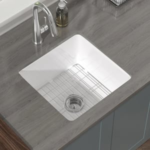 White Fireclay Kitchen Sink 18 in. Drop-in/Undermount Dual Mount Single Bowl Kitchen Sinks with Sink Grid and Strainer