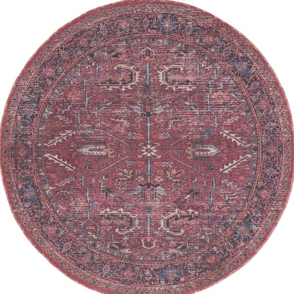 5 ft. Round Blue Floral Washable Area Rug