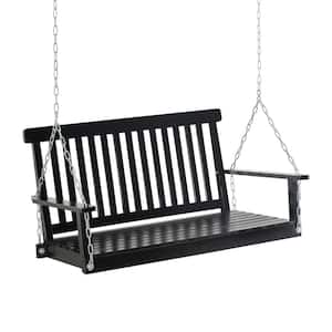 Fully Adjustable 2-Person Black Wood Porch Swing with Slatted Build and Chains Wide Armrests suitable for Outdoor Use