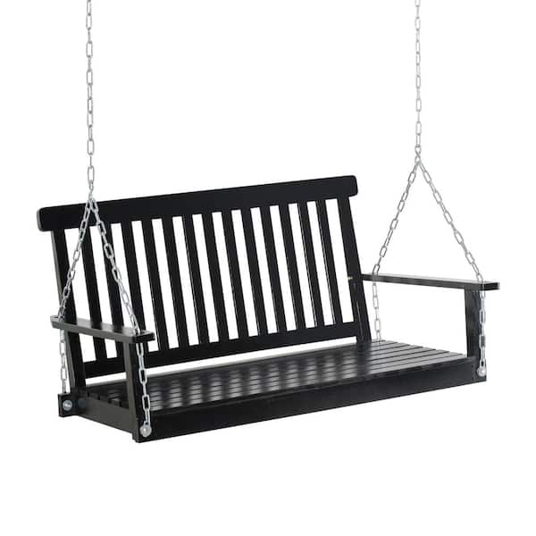 ITOPFOX Fully Adjustable 2-Person Black Wood Porch Swing with Slatted Build and Chains Wide Armrests suitable for Outdoor Use
