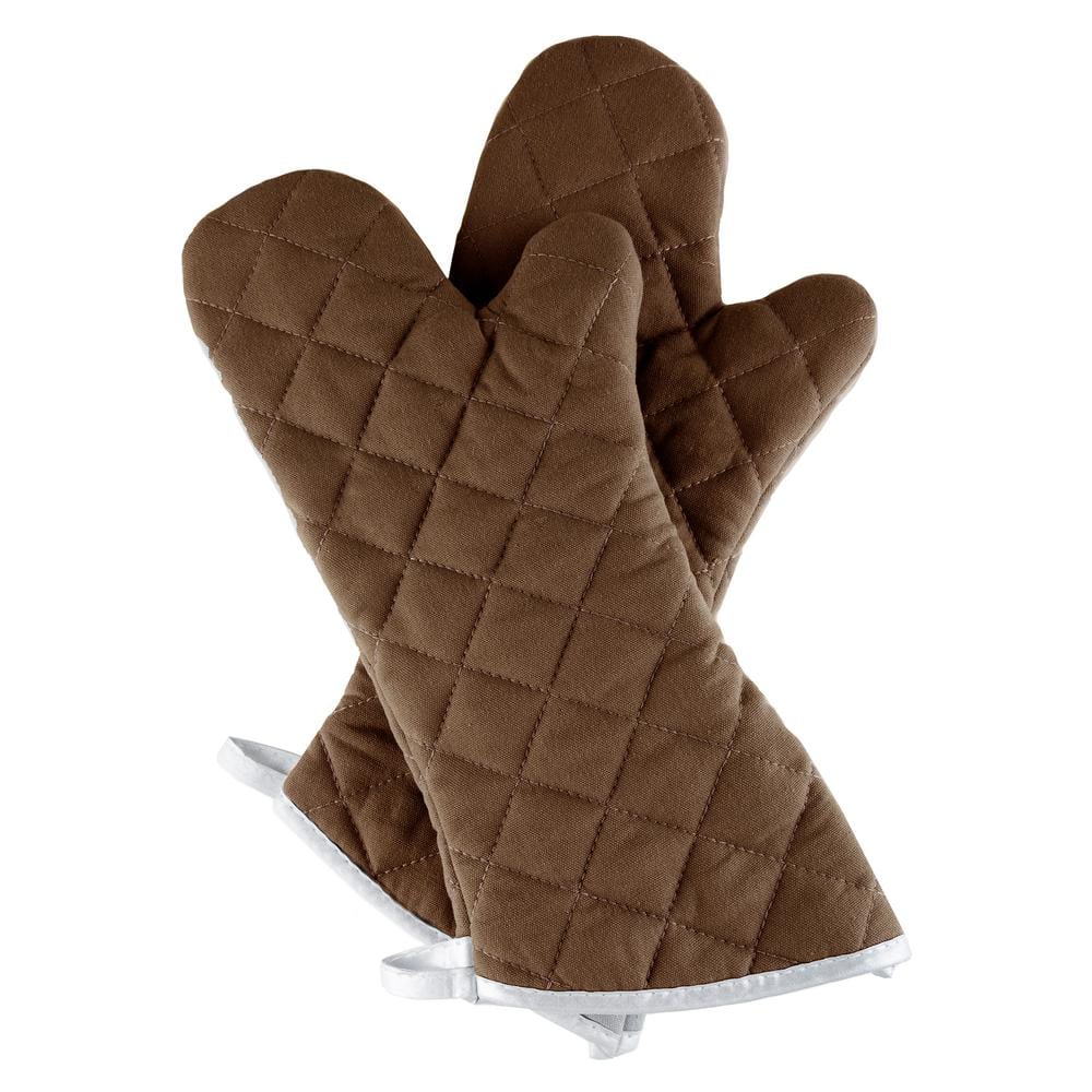 Extra Long Brown Cotton Quilted Oven Mitts Set