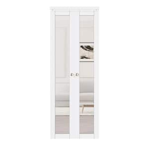 30 in. x 80 in. 1-Lite Mirrored Glass Solid Core White Finished MDF Pivot Bi-fold Door with Pivot Hardware
