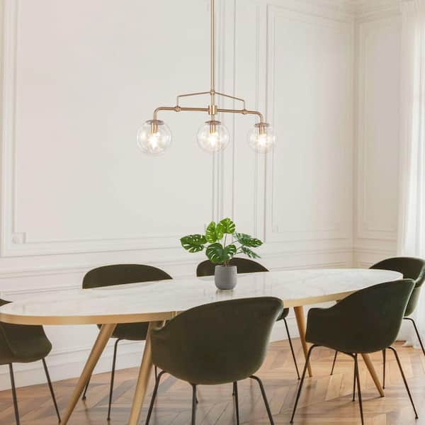 Modern Gold Globe Island Chandelier, Naomi 25.5 in. 3-Light Linear Dining Room Pendant Light with Seeded Glass Shades
