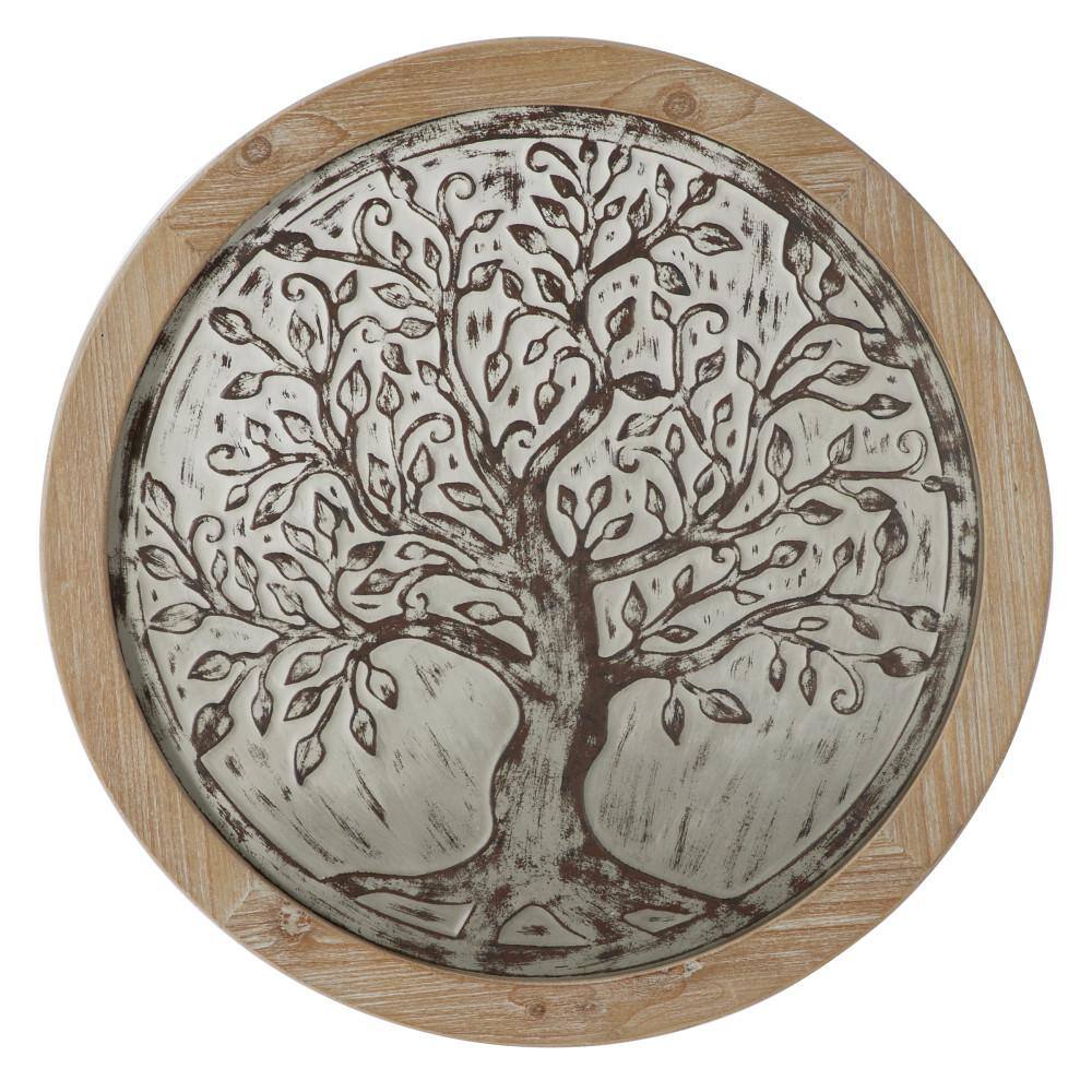 Brown Circular Wooden Tree Wall Decor with Weathered Finish