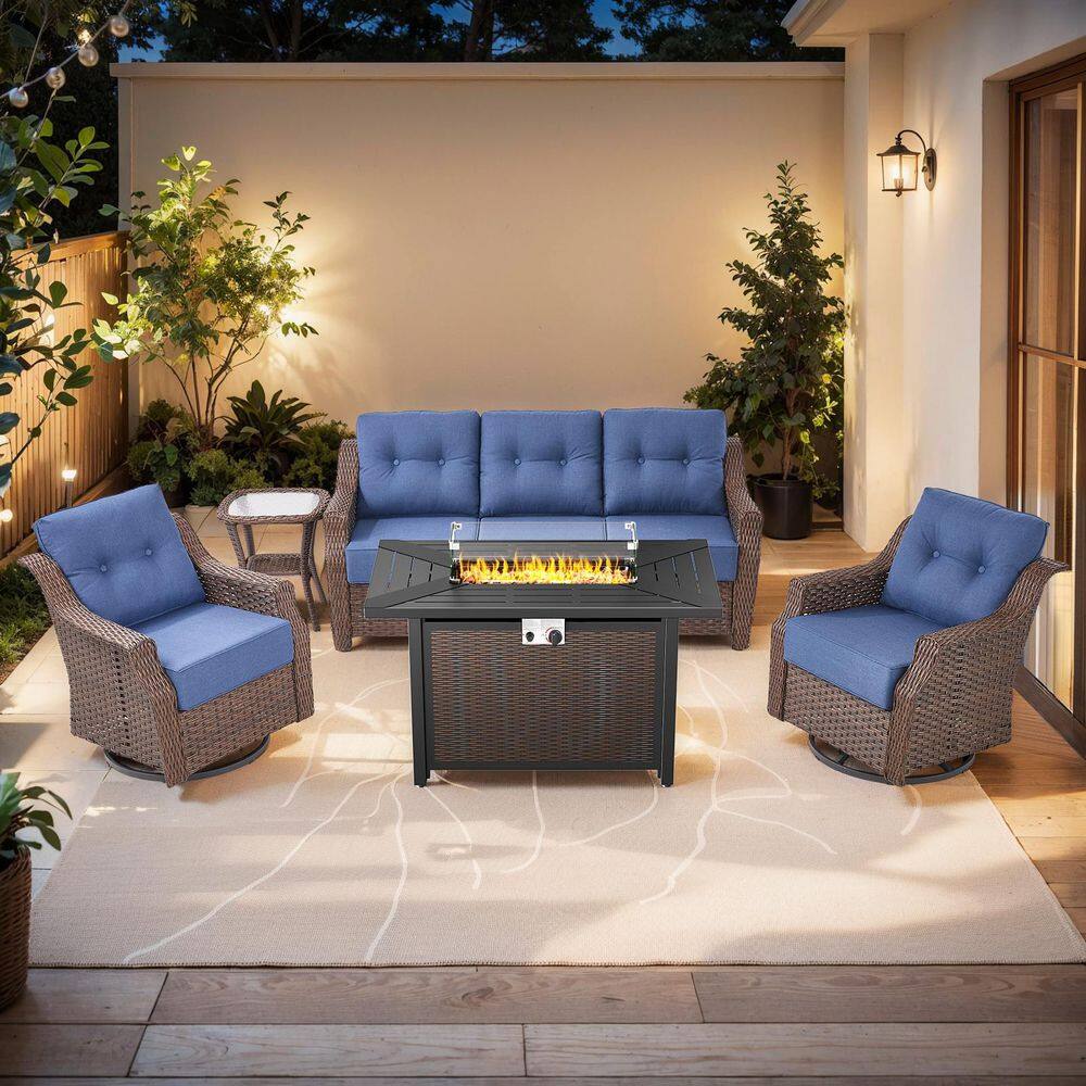 Modern Farmhouse 5-Piece Brown Wicker Patio Fire Pit Conversation Set with Blue Cushions and Rectangle Metal Fire Pit price history on PriceWatchPro