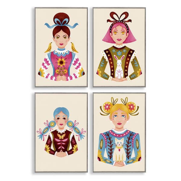 Floral Folk Women Portraits by Hannah Moren 4 Piece Gray Framed Abstract Giclee Art Print 24 in. x 16 in.