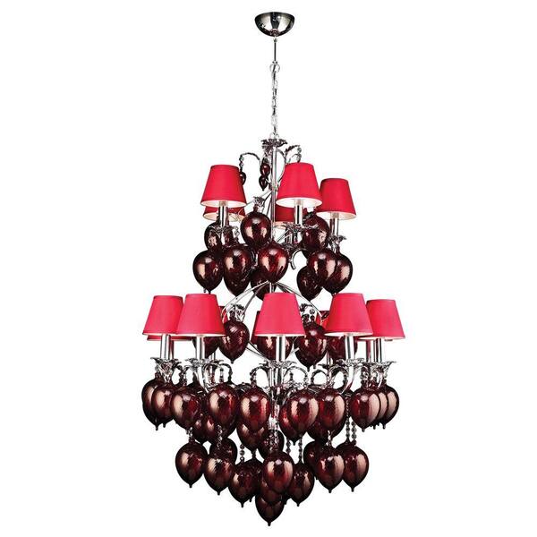 PLC Lighting 15 Light Chandelier Polished Chrome Finish Ruby Red Glass with Red Shade