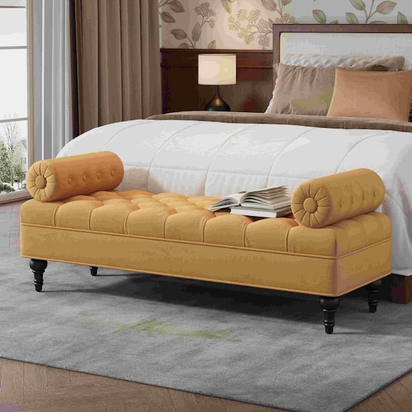60 in. Yellow Bedroom Bench with 2 Detachable Pillows and Upholstered Velvet