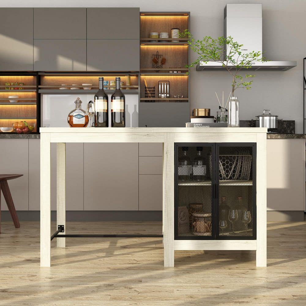 FUFU&GAGA White Oak Wood Top 63 in. Kitchen Island with Adjustable