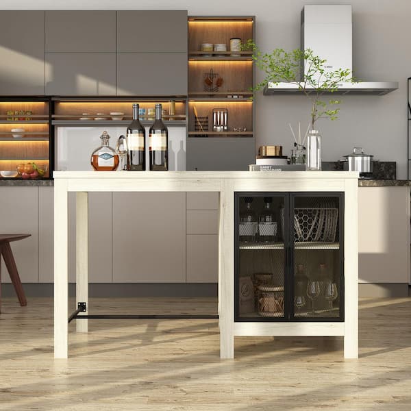 White Oak Wood Top 63 in. Kitchen Island with Adjustable Shelf and Black Mesh Doors