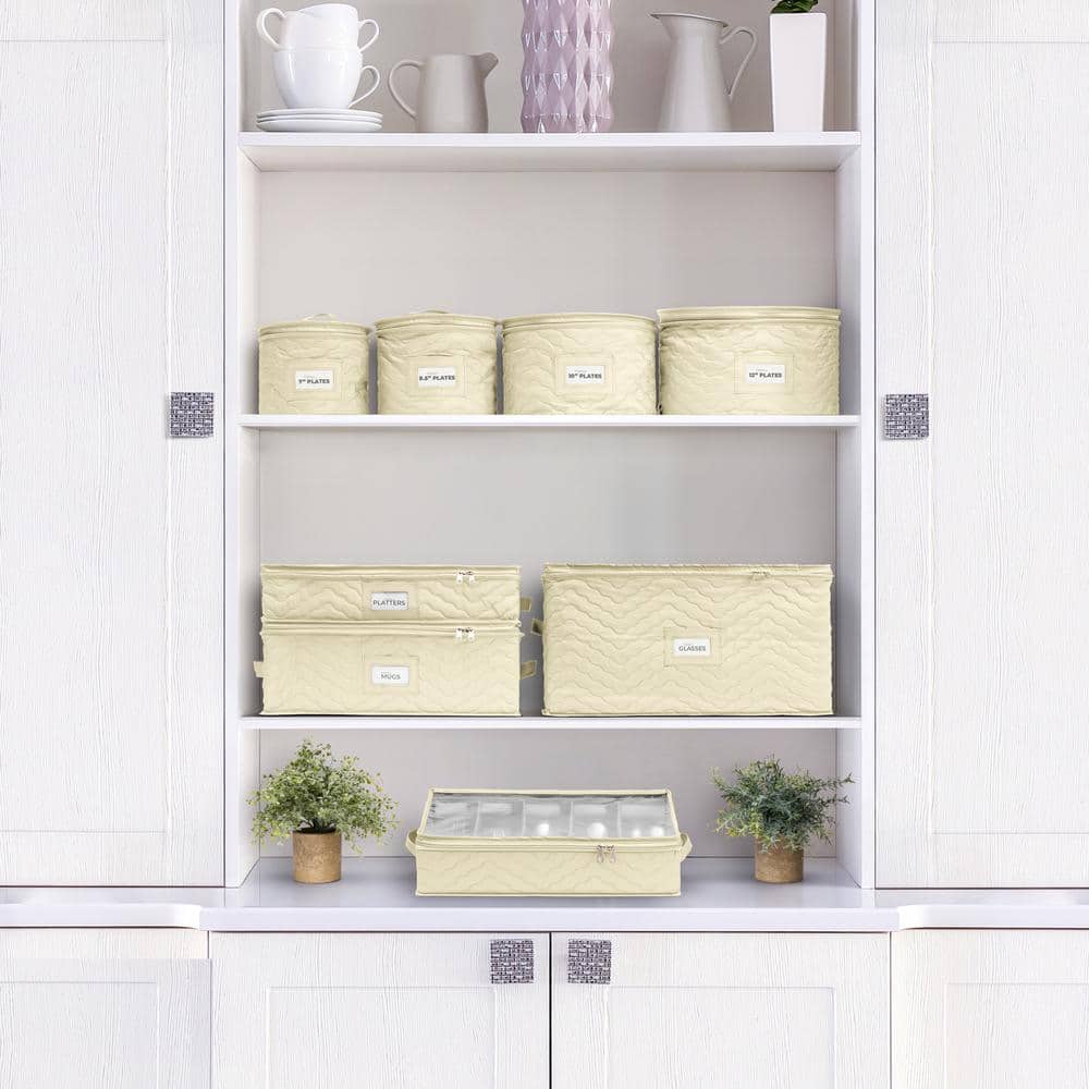 Beige Quilted Fabric Stackable Lidded Plate Storage Set