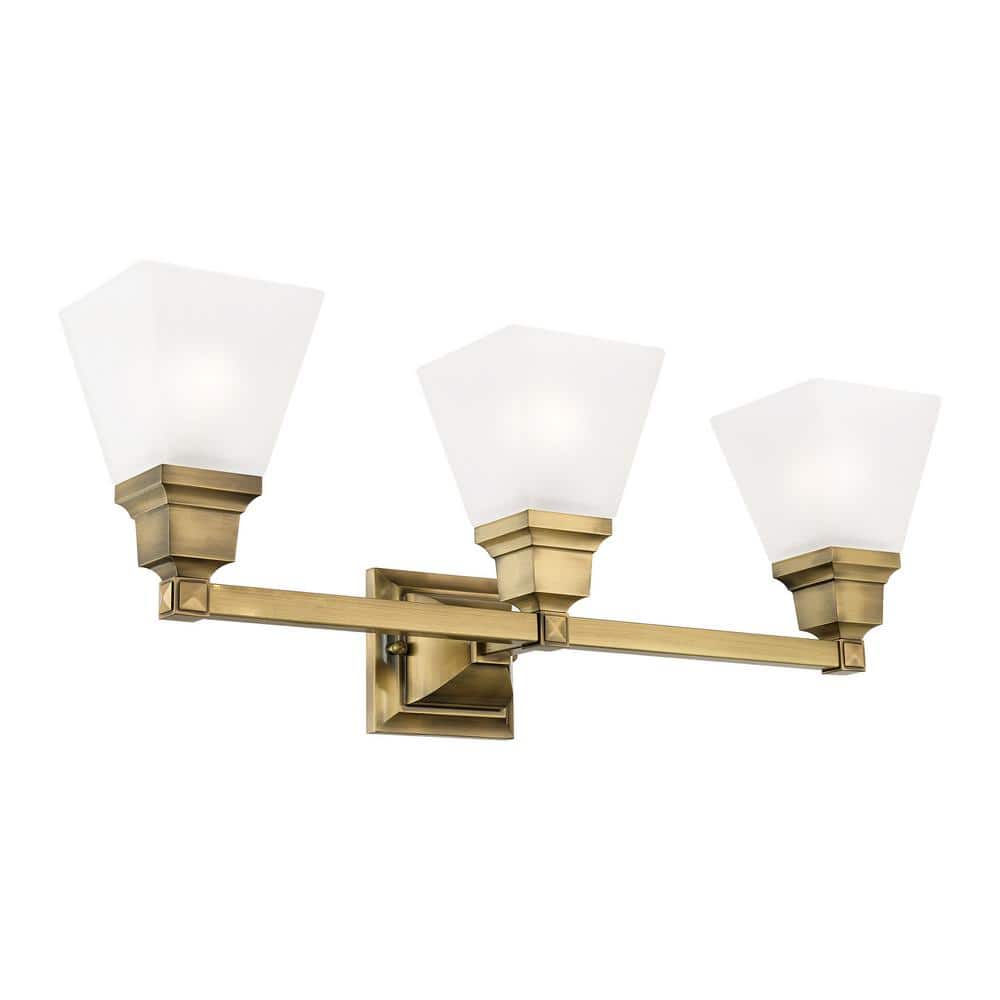 Antique Brass Mission 3-Light Bath Vanity with Satin Glass