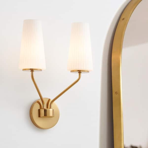 KAWOTI 2-Light Brushed Gold Wall Sconce with Frosted Opal Glass Shades