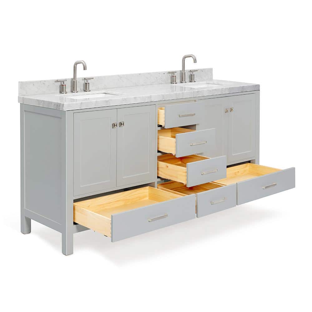 Cambridge 72'' Gray Wood Double Freestanding Bathroom Vanity with Carrara Marble Top