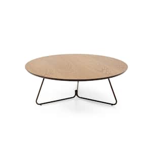 35 in. Oak/Chocolate Standard Height Round Wood Top Coffee Table with Metal Leg