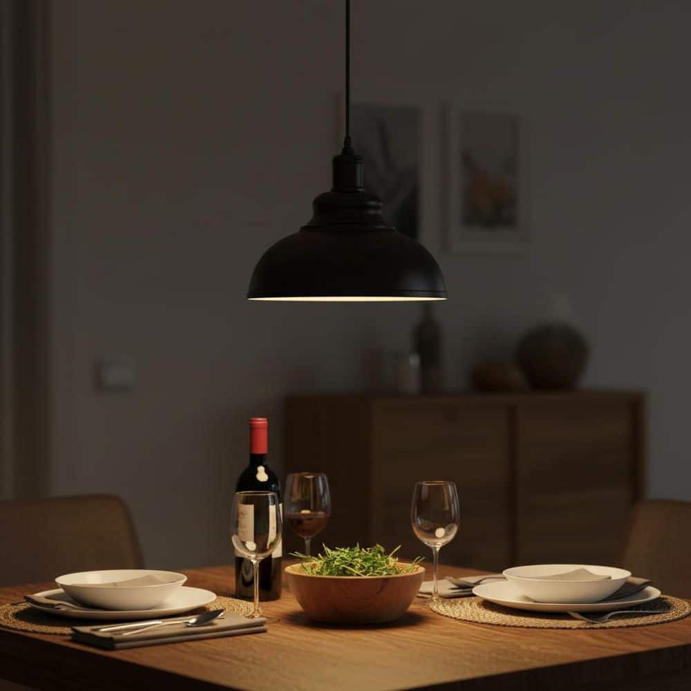 YANSUN 11.81 in. 1-Light Black Dome Pendant Light with Metal Shade
