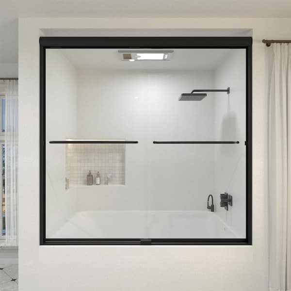 Akoasm 60 in. W x 56 in. H Sliding Bath Tub Door in Semi Frameless in Matte Black with Clear Glass