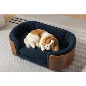 Small Elevated Dog Bed Pet Sofa Solid Wood legs and Walnut Bent Wood Back Cashmere Cushion in Dark Blue