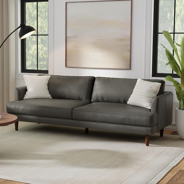 Livingston 90 in. Straight Arm Genuine Leather Wide Rectangle Mid-Century Modern Sofa in. Coal Top Grain